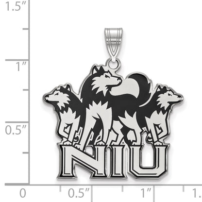 Sterling Silver Rhodium Plated Logoart Northern Illinois University N I U With Huskies Extra Large Enameled Pendant