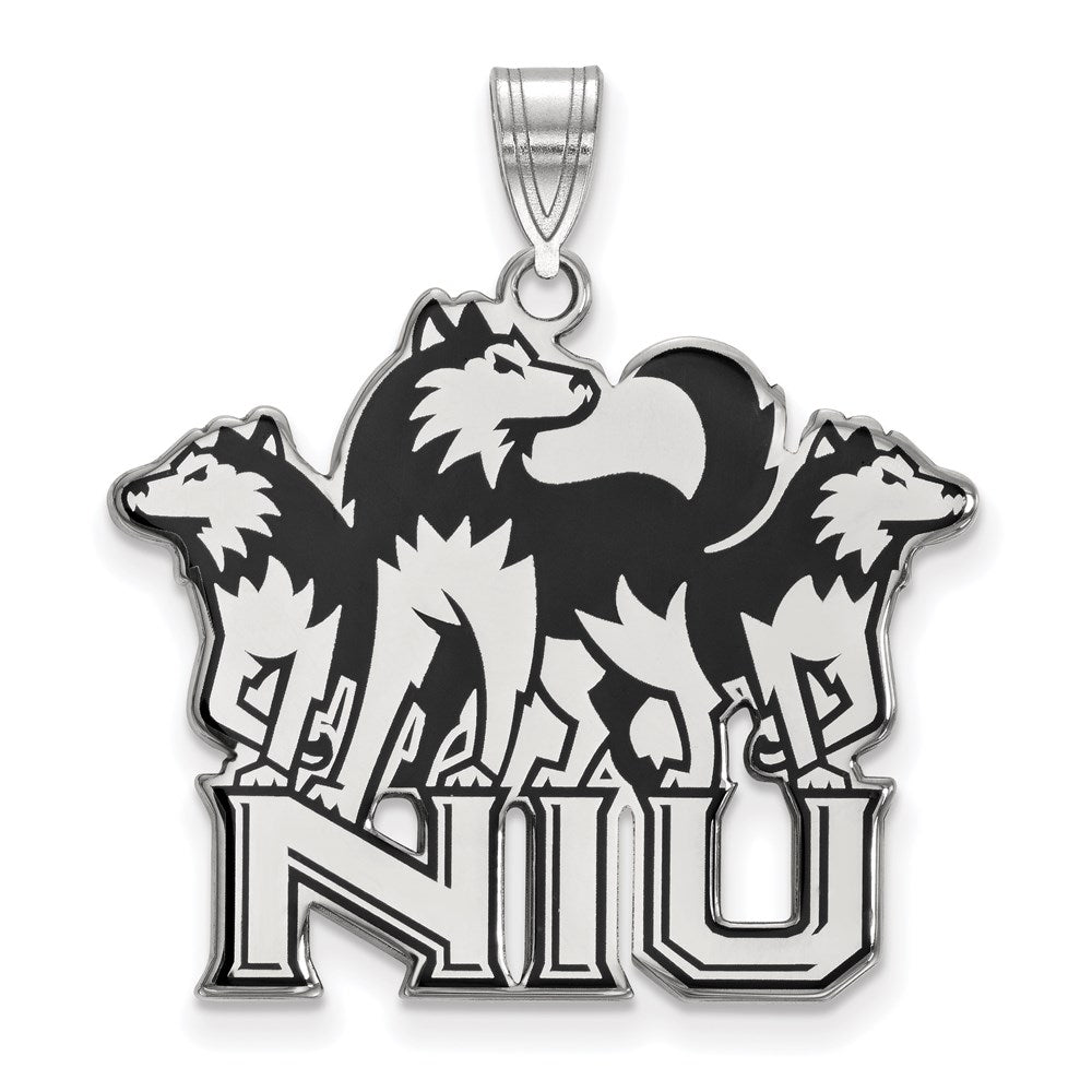 Sterling Silver Rhodium Plated Logoart Northern Illinois University N I U With Huskies Extra Large Enameled Pendant