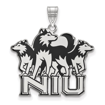 Sterling Silver Rhodium Plated Logoart Northern Illinois University N I U With Huskies Extra Large Enameled Pendant