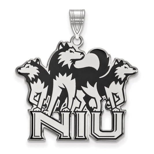 Sterling Silver Rhodium Plated Logoart Northern Illinois University N I U With Huskies Extra Large Enameled Pendant