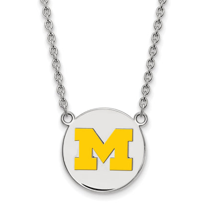 Sterling Silver Rhodium Plated Logoart University Of Michigan Letter M Large Yellow Enameled Disc Pendant 18 Inch Necklace