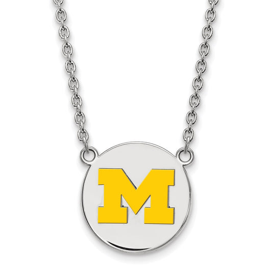 Sterling Silver Rhodium Plated Logoart University Of Michigan Letter M Large Yellow Enameled Disc Pendant 18 Inch Necklace