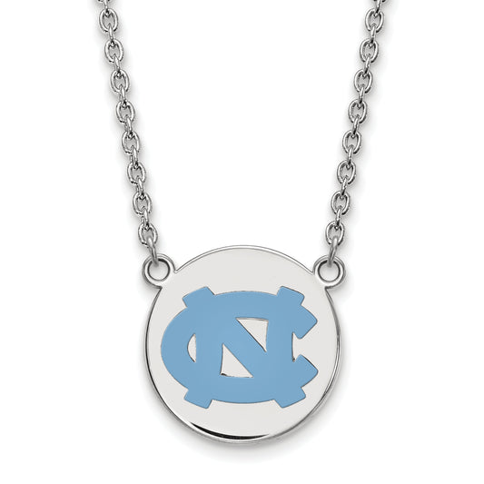 Sterling Silver Rhodium Plated Logoart University Of North Carolina Large Enameled Disc Pendant 18 Inch Necklace