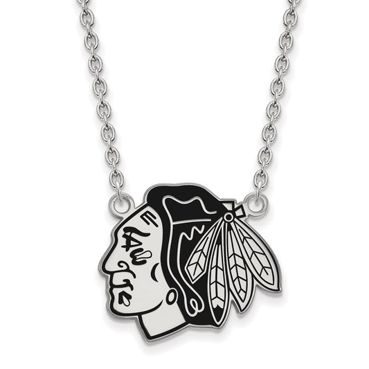Sterling Silver Rhodium Plated Nhl Logoart Chicago Blackhawks Large Enameled Pendant 18 Inch Necklace