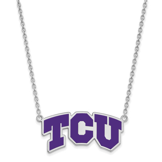 Sterling Silver Rhodium Plated Logoart Texas Christian University T C U Large Enameled Pendant 18 Inch Necklace