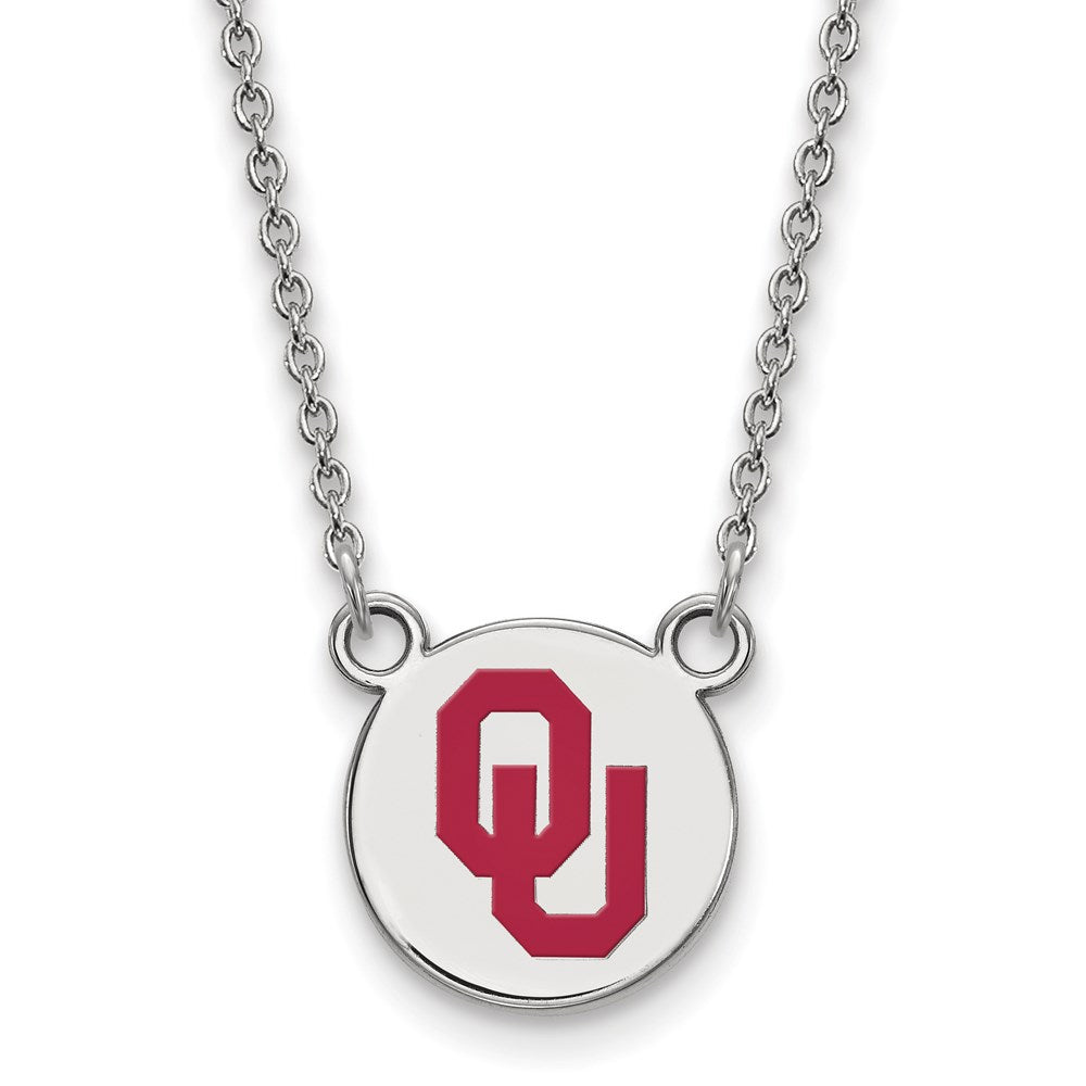 Sterling Silver Rhodium Plated Logoart University Of Oklahoma O U Small Enameled Disc Pendant 18 Inch Necklace