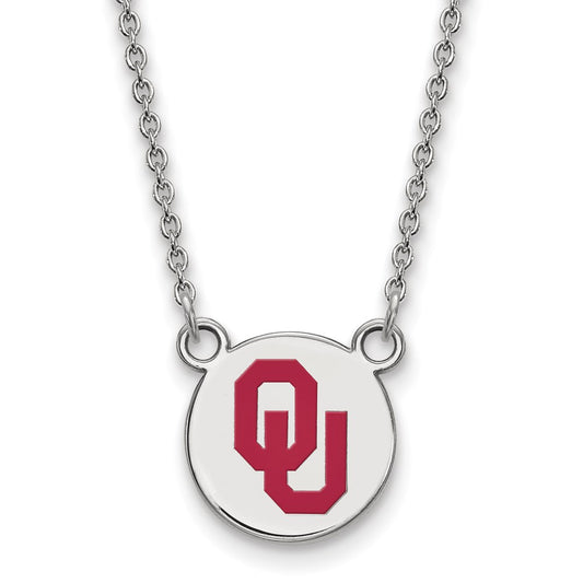 Sterling Silver Rhodium Plated Logoart University Of Oklahoma O U Small Enameled Disc Pendant 18 Inch Necklace
