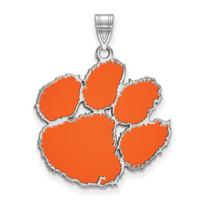 Sterling Silver Rhodium Plated Logoart Clemson University Tiger Paw Extra Large Enameled Pendant