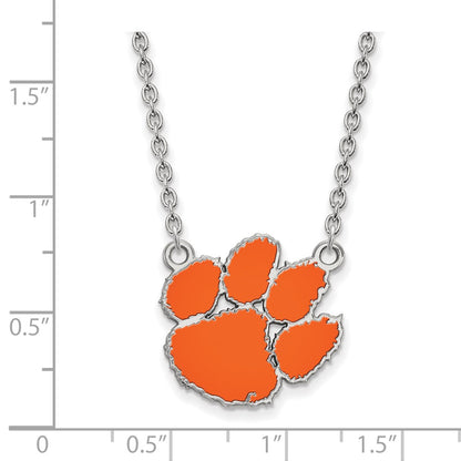 Sterling Silver Rhodium Plated Logoart Clemson University Tiger Paw Large Enameled Pendant 18 Inch Necklace