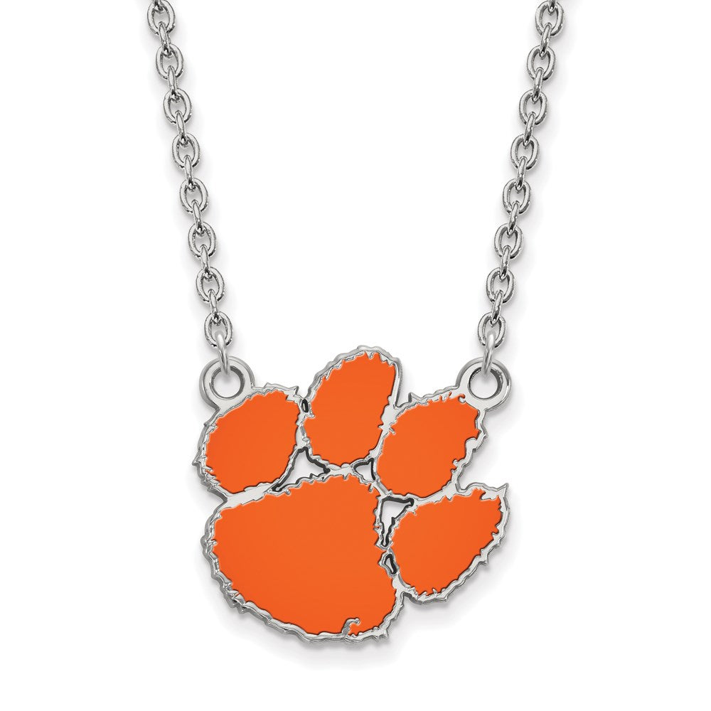 Sterling Silver Rhodium Plated Logoart Clemson University Tiger Paw Large Enameled Pendant 18 Inch Necklace