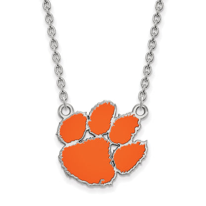 Sterling Silver Rhodium Plated Logoart Clemson University Tiger Paw Large Enameled Pendant 18 Inch Necklace