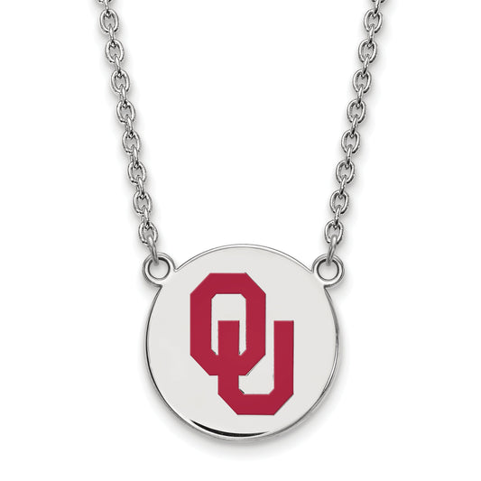 Sterling Silver Rhodium Plated Logoart University Of Oklahoma O U Large Enameled Disc Pendant 18 Inch Necklace