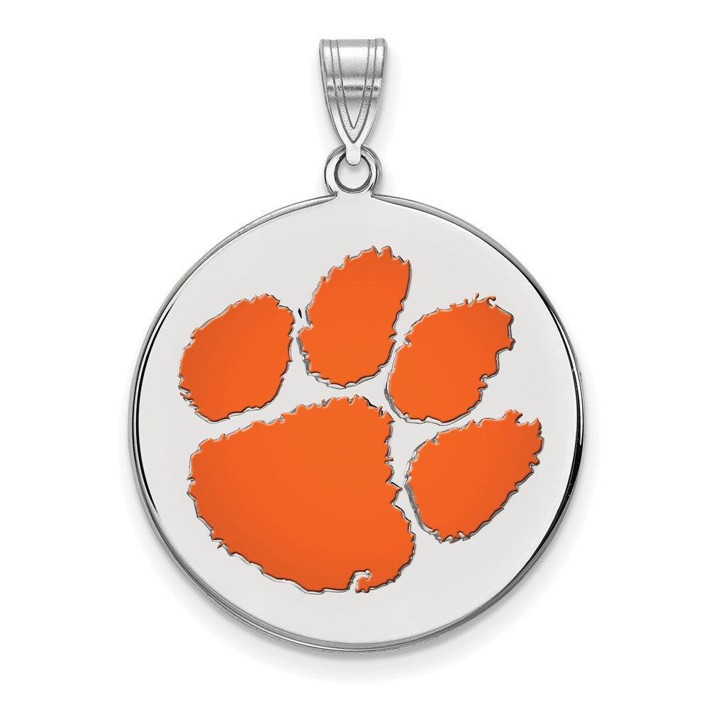 Sterling Silver Rhodium Plated Logoart Clemson University Tiger Paw Extra Large Enameled Disc Pendant