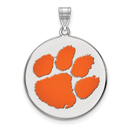 Sterling Silver Rhodium Plated Logoart Clemson University Tiger Paw Extra Large Enameled Disc Pendant
