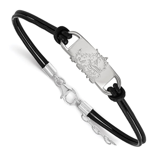 Sterling Silver Rhodium Plated Logoart Texas Christian University Horned Frog Small Center Black Leather 7 Inch Bracelet With Extender