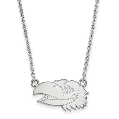Sterling Silver Rhodium Plated Logoart University Of Kansas Jayhawk Small Pendant 18 Inch Necklace
