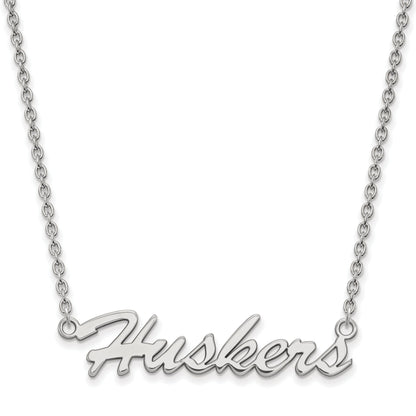 Sterling Silver Rhodium Plated Logoart University Of Nebraska Huskers Script Medium Pendant 18 Inch Necklace