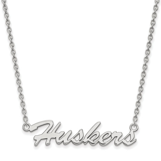 Sterling Silver Rhodium Plated Logoart University Of Nebraska Huskers Script Medium Pendant 18 Inch Necklace