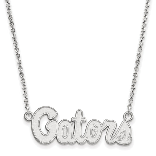 Sterling Silver Rhodium Plated Logoart University Of Florida Gators Script Small Pendant 18 Inch Necklace