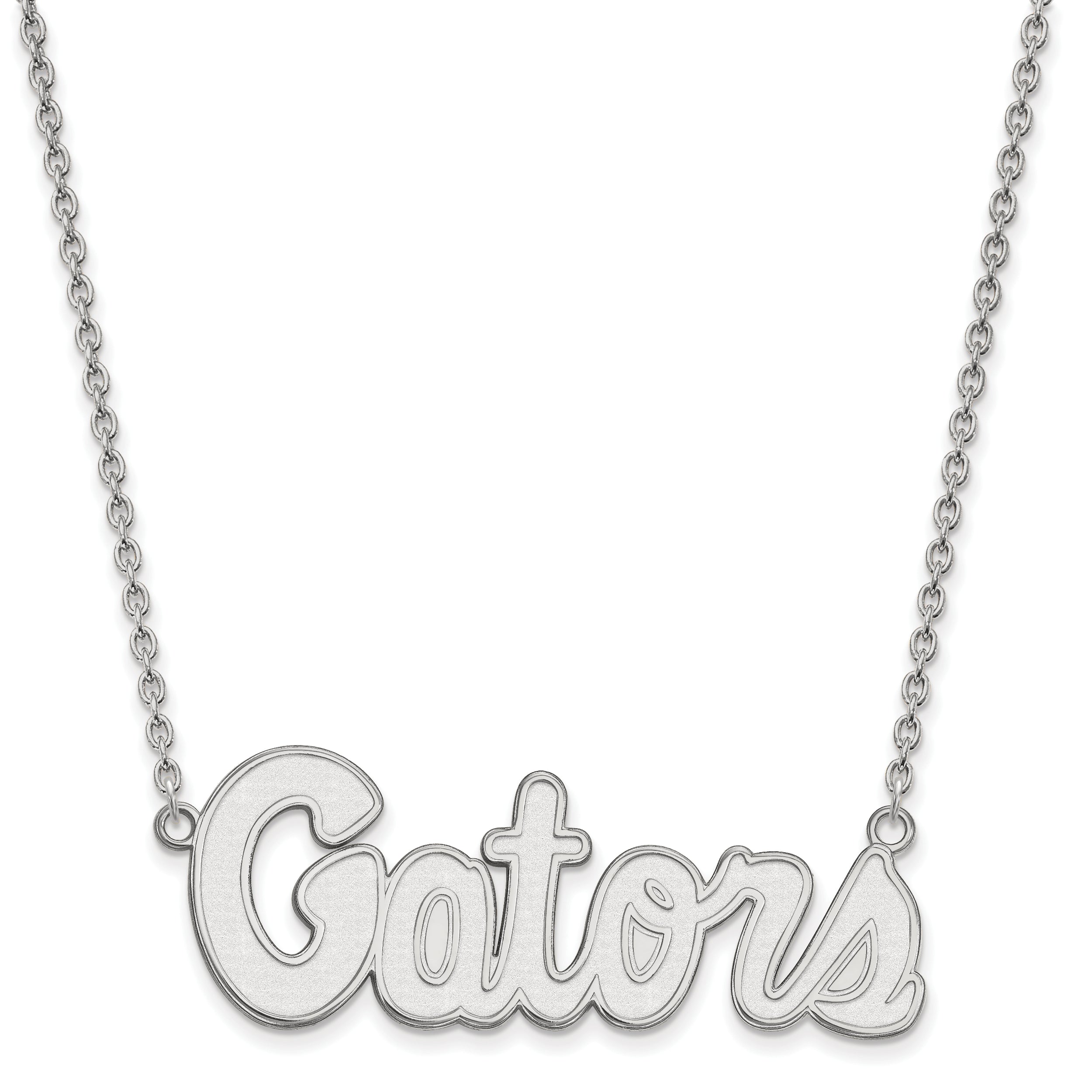 Sterling Silver Rhodium Plated Logoart University Of Florida Gators Script Large Pendant 18 Inch Necklace