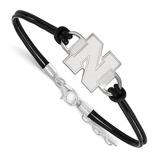 Sterling Silver Rhodium Plated Logoart University Of Nebraska Letter N Black Leather 7 Inch Bracelet With Extender
