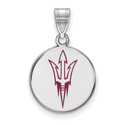 Sterling Silver Rhodium Plated Logoart Arizona State University Pitchfork Medium Enameled Disc Pendant