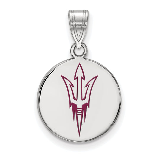 Sterling Silver Rhodium Plated Logoart Arizona State University Pitchfork Medium Enameled Disc Pendant
