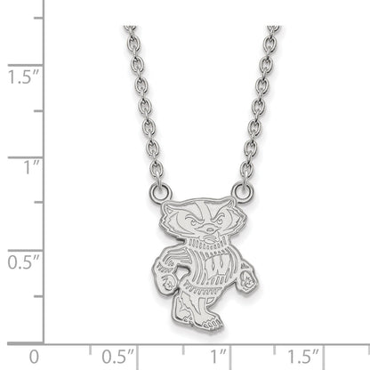 Sterling Silver Rhodium Plated Logoart University Of Wisconsin Badger Large Pendant 18 Inch Necklace