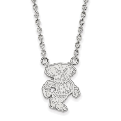 10K White Gold Logoart University Of Wisconsin Badger Large Pendant 18 Inch Necklace