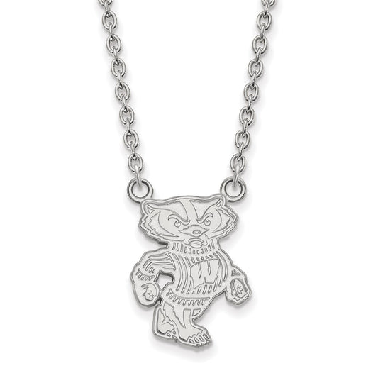 10K White Gold Logoart University Of Wisconsin Badger Large Pendant 18 Inch Necklace