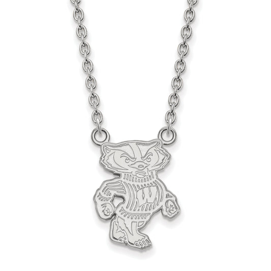Sterling Silver Rhodium Plated Logoart University Of Wisconsin Badger Large Pendant 18 Inch Necklace
