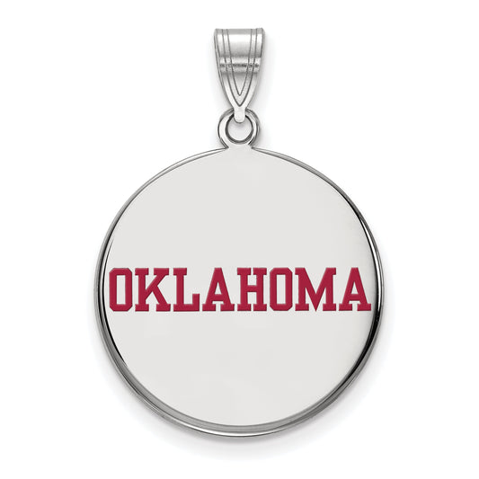 Sterling Silver Rhodium Plated Logoart University Of Oklahoma Large Enameled Disc Pendant