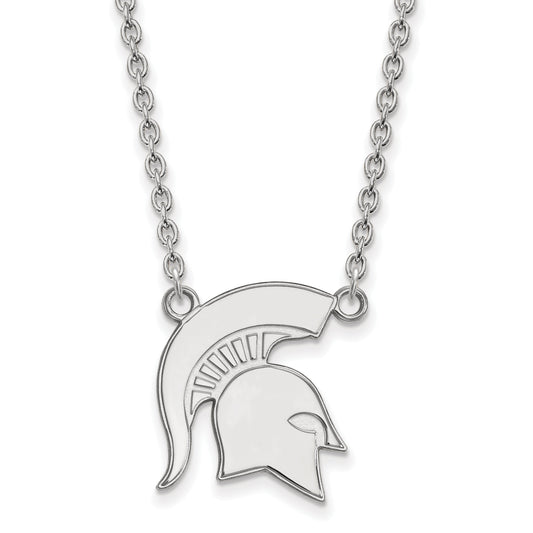 Sterling Silver Rhodium Plated Logoart Michigan State University Spartan Large Pendant 18 Inch Necklace