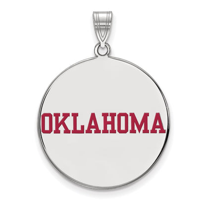 Sterling Silver Rhodium Plated Logoart University Of Oklahoma Extra Large Enameled Disc Pendant