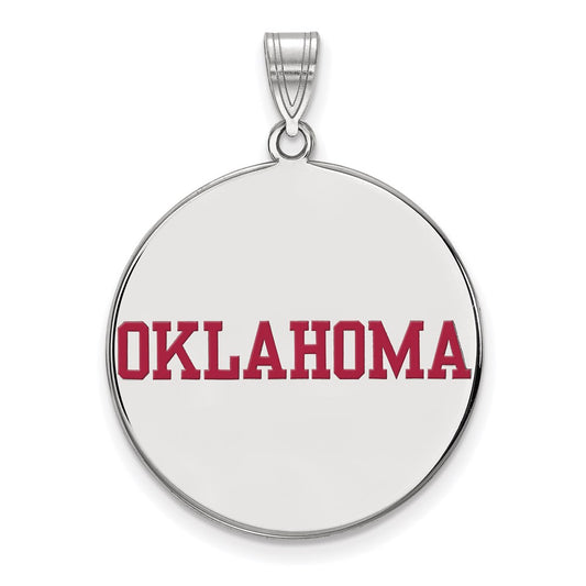 Sterling Silver Rhodium Plated Logoart University Of Oklahoma Extra Large Enameled Disc Pendant