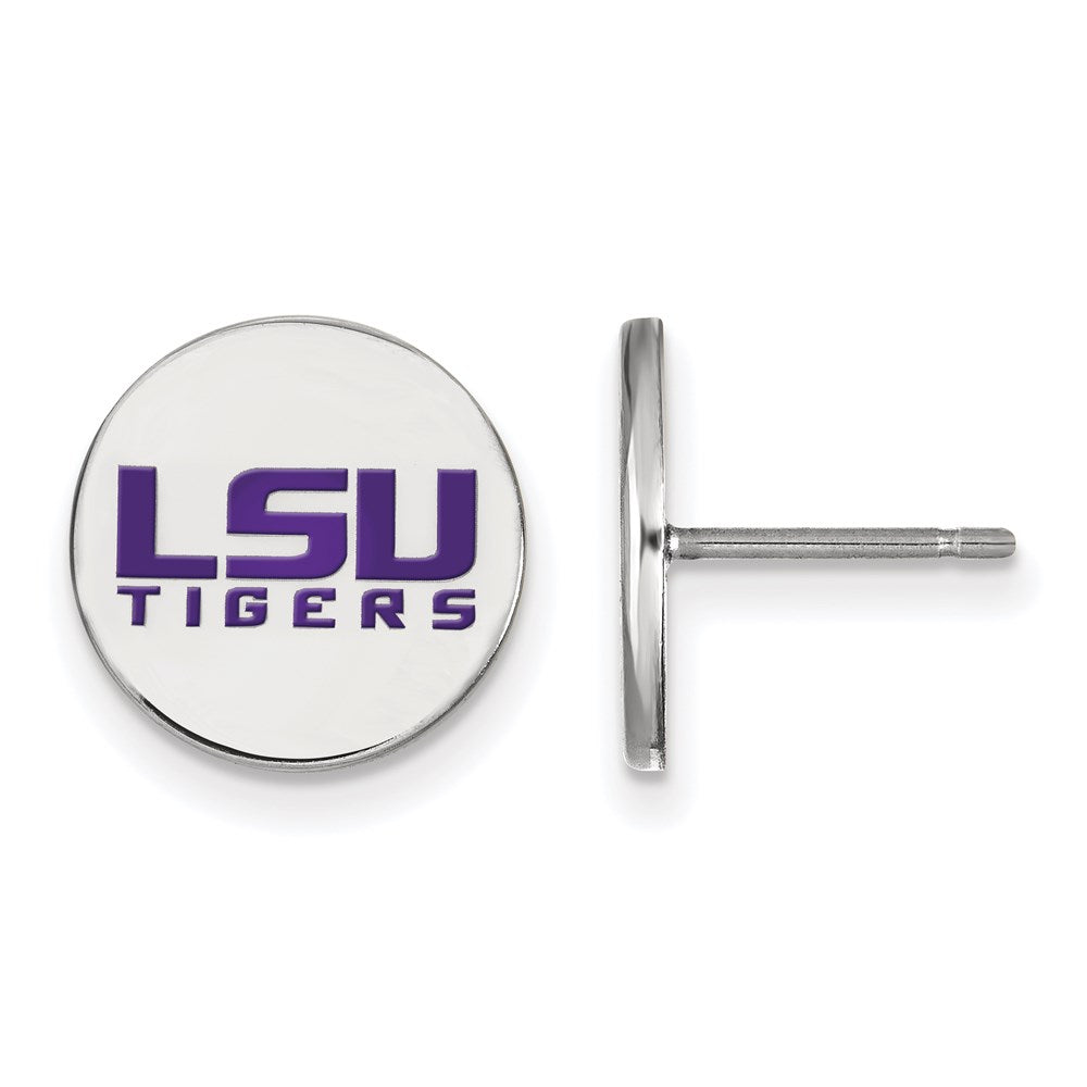 Sterling Silver Rhodium Plated Logoart Louisiana State University L S U Tigers Small Enameled Disc Post Earrings