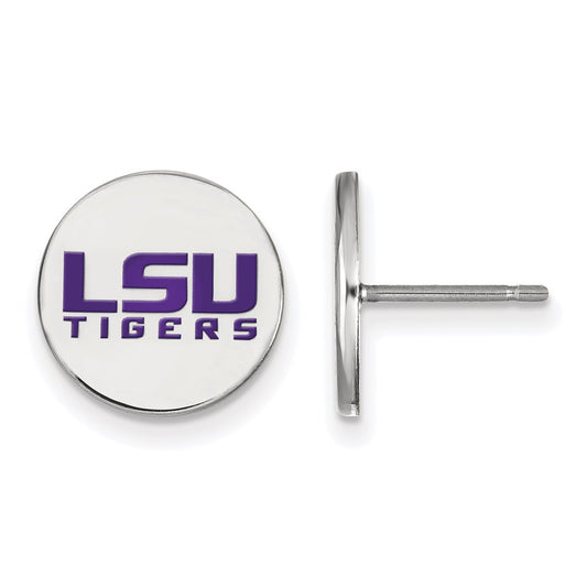 Sterling Silver Rhodium Plated Logoart Louisiana State University L S U Tigers Small Enameled Disc Post Earrings