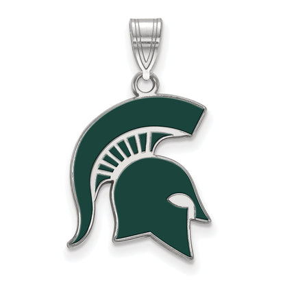 Sterling Silver Rhodium Plated Logoart Michigan State University Spartan Large Enameled Pendant
