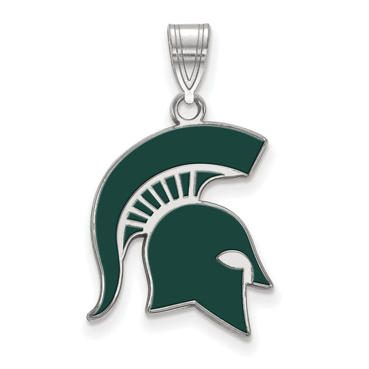 Sterling Silver Rhodium Plated Logoart Michigan State University Spartan Large Enameled Pendant