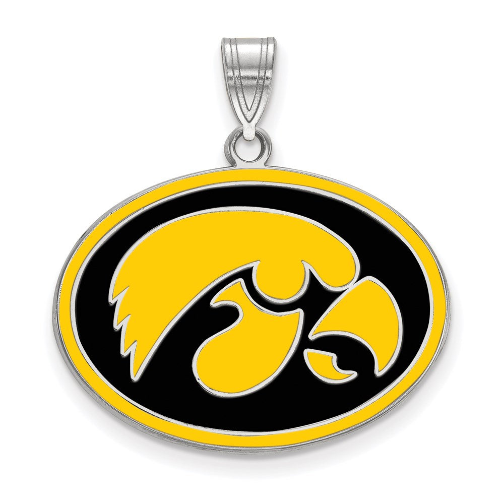 Sterling Silver Rhodium Plated Logoart University Of Iowa Hawk Large Oval Enameled Pendant