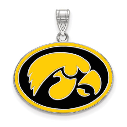 Sterling Silver Rhodium Plated Logoart University Of Iowa Hawk Large Oval Enameled Pendant
