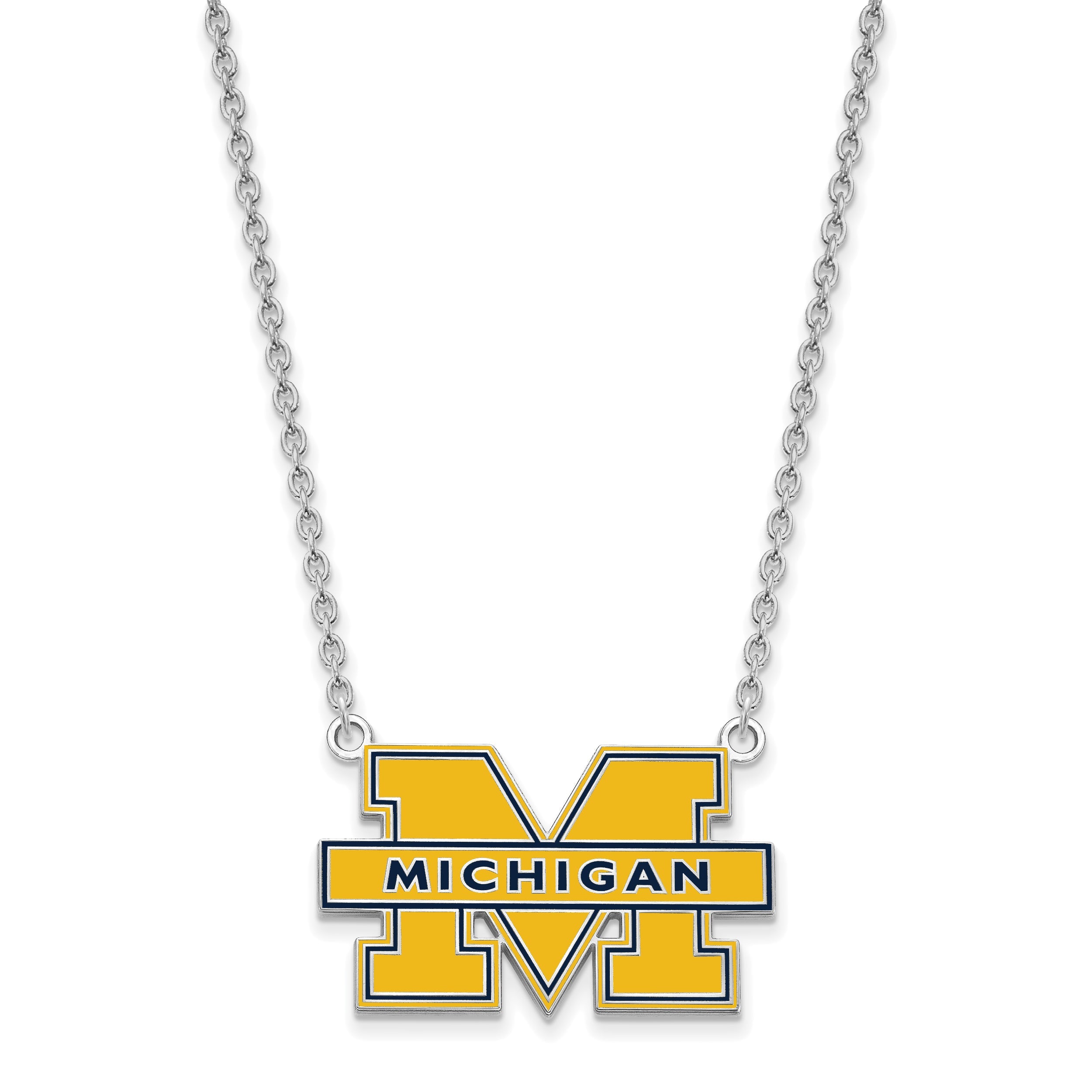 Sterling Silver Rhodium Plated Logoart University Of Michigan Letter M Large Blue Enameled Pendant 18 Inch Necklace