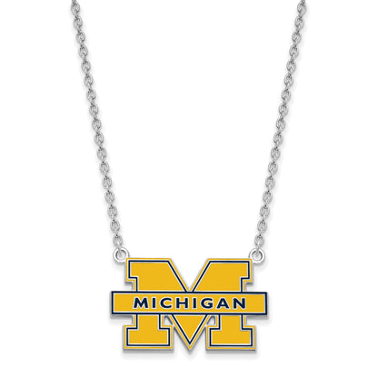 Sterling Silver Rhodium Plated Logoart University Of Michigan Letter M Large Blue Enameled Pendant 18 Inch Necklace