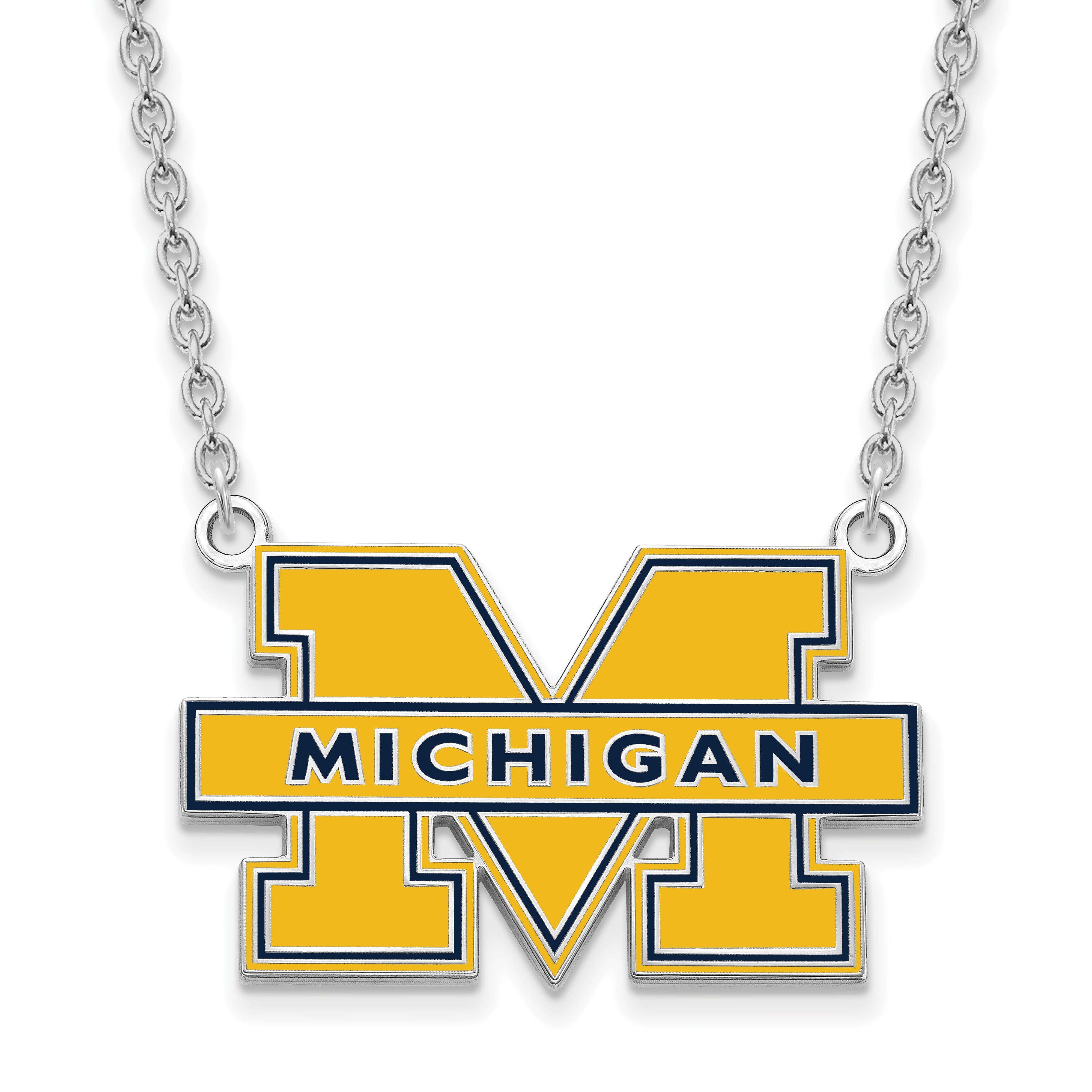 Sterling Silver Rhodium Plated Logoart University Of Michigan Letter M Large Blue Enameled Pendant 18 Inch Necklace
