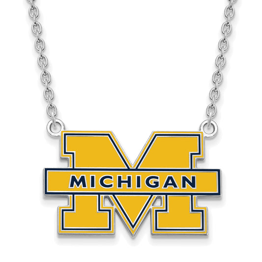 Sterling Silver Rhodium Plated Logoart University Of Michigan Letter M Large Blue Enameled Pendant 18 Inch Necklace