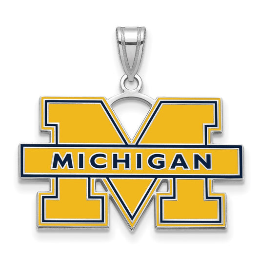 Sterling Silver Rhodium Plated Logoart University Of Michigan Letter M Large Blue Enameled Pendant