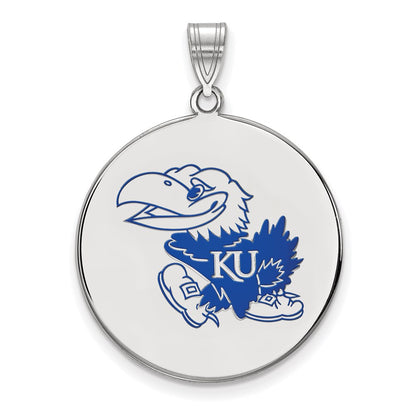 Sterling Silver Rhodium Plated Logoart University Of Kansas Jayhawk Extra Large Enameled Disc Pendant