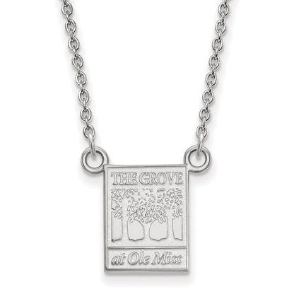 Sterling Silver Rhodium Plated Logoart University Of Mississippi The Grove At Ole Miss Small Pendant 18 Inch Necklace
