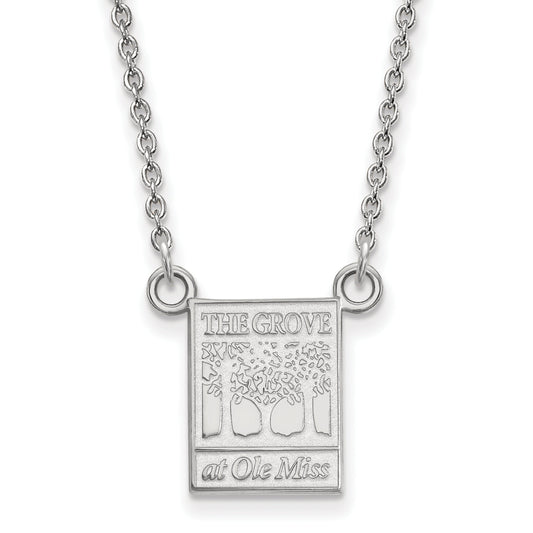 Sterling Silver Rhodium Plated Logoart University Of Mississippi The Grove At Ole Miss Small Pendant 18 Inch Necklace