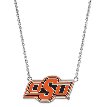 Sterling Silver Rhodium Plated Logoart Oklahoma State University O S U Large Enameled Pendant 18 Inch Necklace
